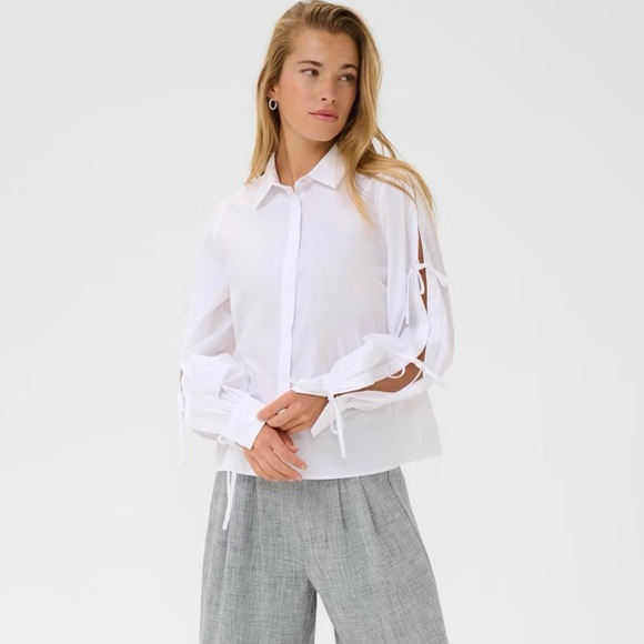 kaffe Tops - NWT KAFFE KAsara White Shirt with Tie-Up Sleeves & Pretty Pearl Button Size M